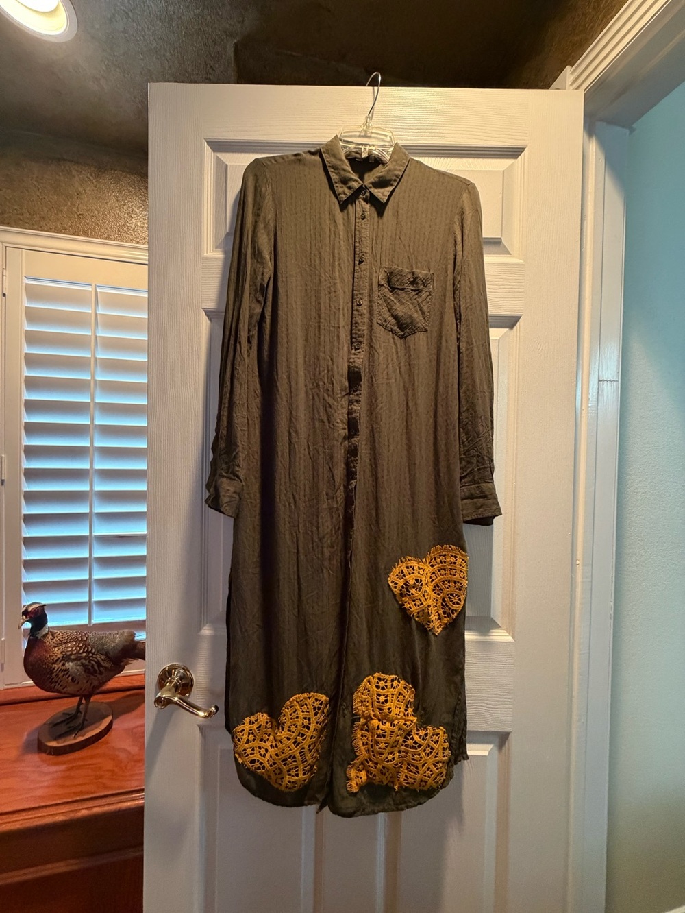 Express Olive Long Sleeve Shirt Dress with Mustard Crochet Hearts